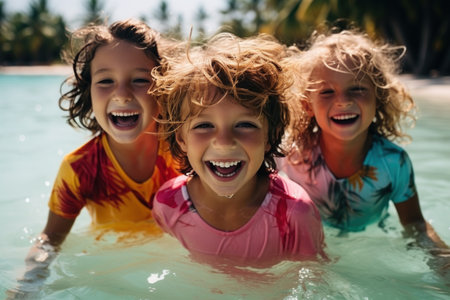Group of happy kids having fun in swimming pool on a sunny dayの素材