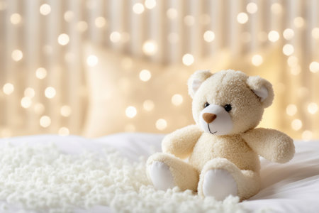 Cute teddy bear on bed against blurred lights. Space for textの素材