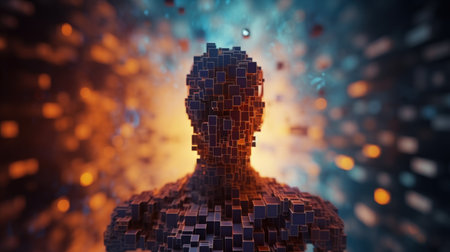 3D rendering of a human head made of cubes and abstract backgroundの素材