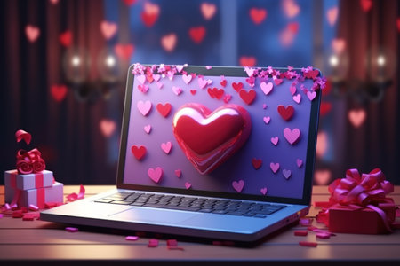 Laptop with red heart on screen. Valentines day concept. 3D Renderingの素材