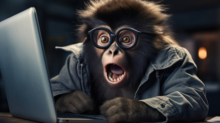 Portrait of a funny monkey in eyeglasses using laptop at nightの素材