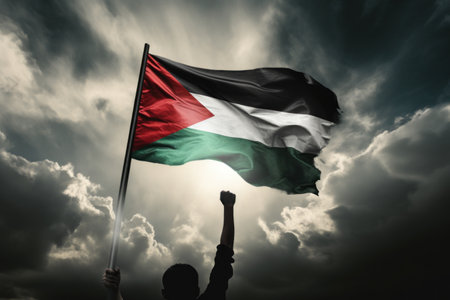 Silhouette of man waving Palestine flag against dramatic sky with white cloudsの素材