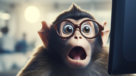 Surprised monkey in eyeglasses looking at computer monitor.の素材