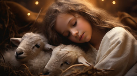 Little girl with lamb in christmas decorations. Christmas lights on background.の素材