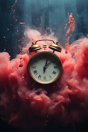 Alarm clock with red smoke on dark background. Time concept.の素材
