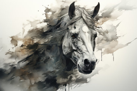 Digital painting of a head of a white horse with black maneの素材