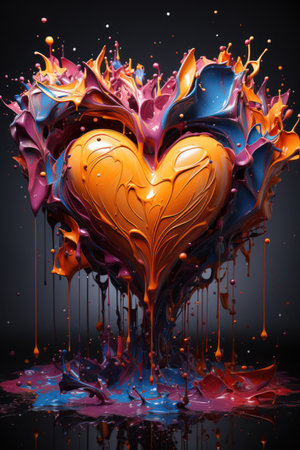 Heart made of colorful paint splashes on black background. 3d renderingの素材