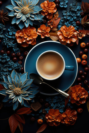 Cup of coffee and autumn flowers on dark background. Flat lay.の素材