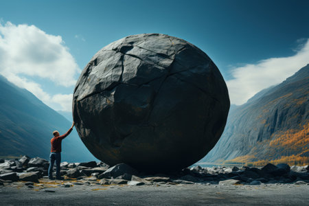 Man carrying big stone ball on his back. Mixed media. Mixed mediaの素材