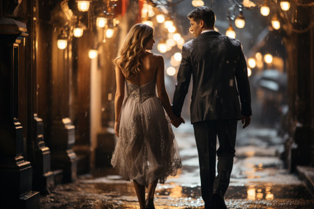 Beautiful romantic couple in love walking in the city at night.の素材