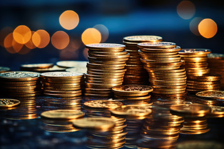 Stacks of gold coins on table with bokeh background.の素材