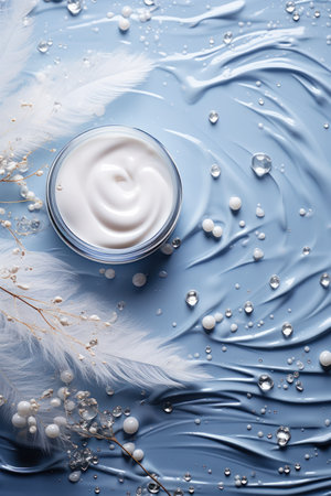 Jar of cream and feather on color background, top view. Cosmetic productsの素材