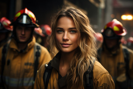 Portrait of a beautiful young woman in front of a group of firemenの素材