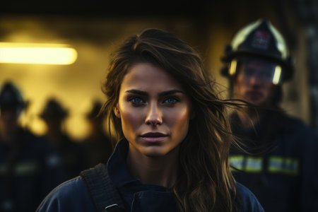 Portrait of a young woman in a fire station. Smoke from a burning building.の素材