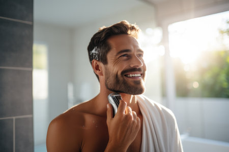 Cheerful young man shaving his beard in the bathroom at homeの素材