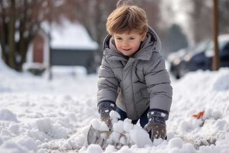 Cute little boy playing with snow in winter park. Happy child having fun outdoors.の素材