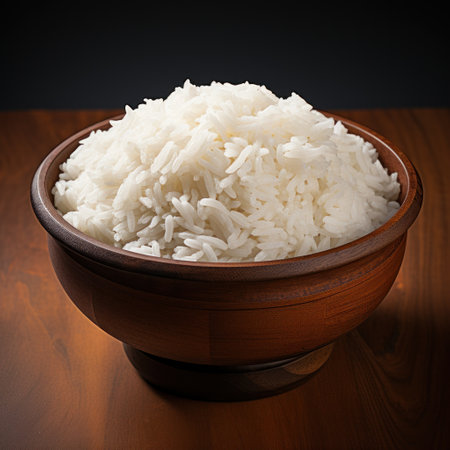 bowl of boiled rice on wooden table, close up, square pictureの素材
