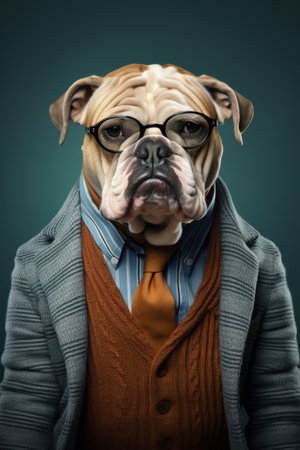 Funny dog wearing glasses and jacket. Studio shot over dark background.の素材