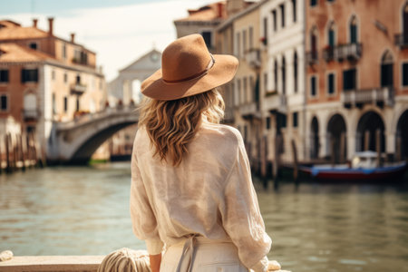 Beautiful young woman in a hat on the background of the Grand Canal in Venice, Italyの素材