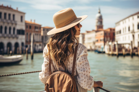 Beautiful young woman traveling in Venice, Italy, wearing hat and sunglassesの素材