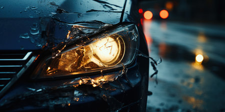 Car accident on the road at night. Close-up of broken headlightの素材