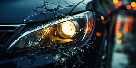 Close-up view of a broken car in the city at nightの素材