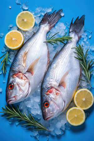 Fresh fish with lemon and rosemary on blue background. Top viewの素材