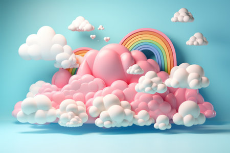 3d rendering of pink cloud with rainbow and clouds on blue backgroundの素材
