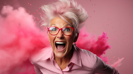 Funny old woman with pink hair and glasses on a pink backgroundの素材