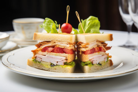 Sandwich with ham, cheese, lettuce and tomato on white plateの素材