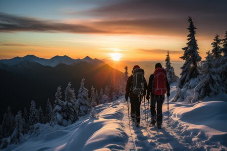 Hikers in the mountains at sunset. Winter hiking in the mountains.の素材