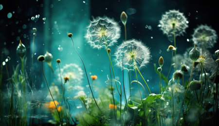 Dandelion flowers with water drops. 3d illustration. Nature background.の素材