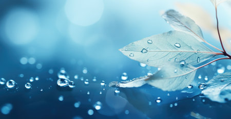 Leaf with water drops on blue bokeh background, close upの素材