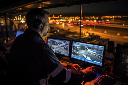 Portrait of security guard working at night in control room. Selective focusの素材