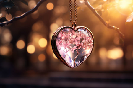 Heart shaped pendant hanging on tree branch with bokeh backgroundの素材