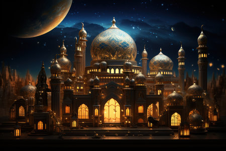 Ramadan Kareem background with mosque, moon and stars. 3d renderingの素材