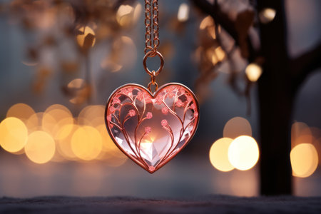 Valentine's Day background with heart-shaped pendant on a bokeh backgroundの素材