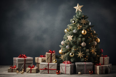 Christmas tree with presents and decorations on rustic wooden background with copyspaceの素材