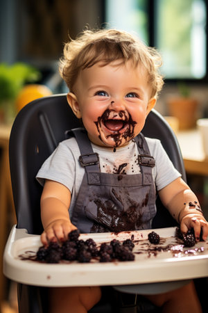 Cute baby boy eating chocolate cake in high chair at home.の素材