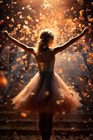 Beautiful girl in the image of a fairy flying through the autumn leavesの素材
