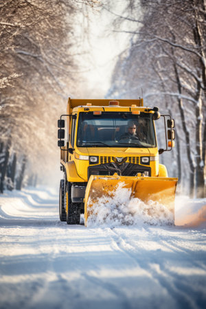 Snowplow on the road in winter forest. Heavy snow cleaningの素材
