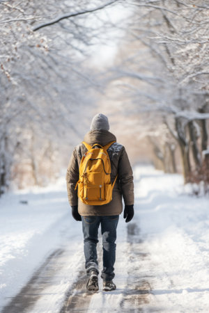 Man with backpack walking on snowy road in winter forest. Back viewの素材