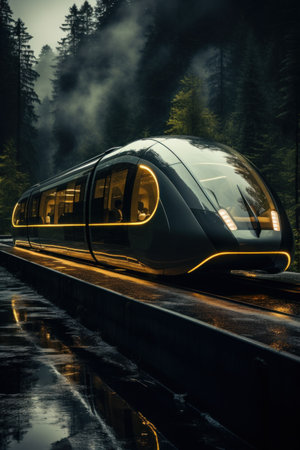 High-speed train on the road in the forest at night.の素材