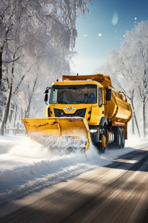 Snowplow on the road during a snowfall, winter landscapeの素材