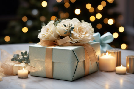 Beautiful gift box with flowers on table in room decorated for Christmasの素材