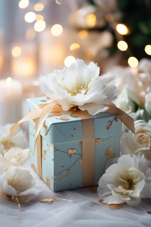 Gift box with white peony flowers on blurred lights background.の素材