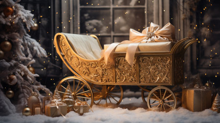 Golden carriage with a gift on the background of a Christmas tree and a fireplace.の素材