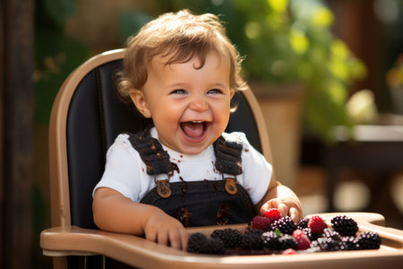 Cute baby boy with blackberries and raspberries sitting in high chairの素材
