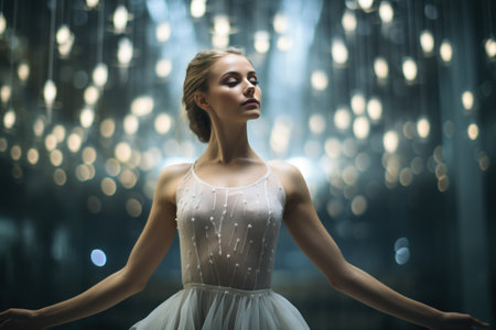 Portrait of a beautiful ballerina in a white tutu and pointe shoesの素材