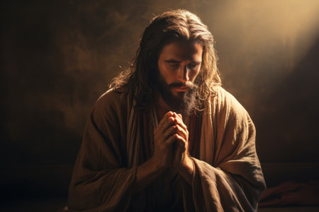 Portrait of Jesus Christ praying on a dark background with copy spaceの素材